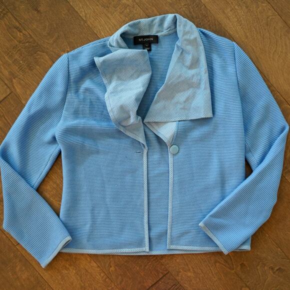 St. John Blue Wool Ribbed 1 button Jacket w perforated Leather with matching Top - Picture 2 of 11